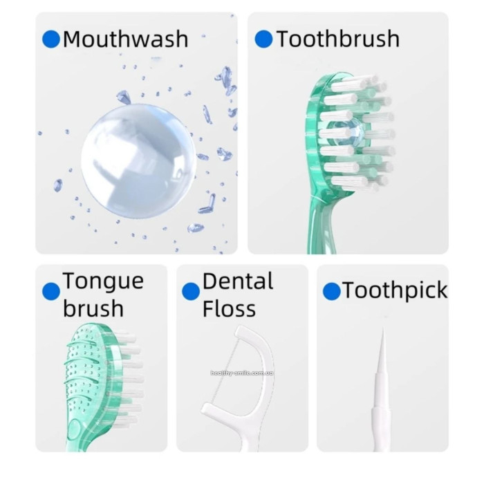 5-in-1 set: toothbrush, mouthwash, tongue cleaner, dental floss, toothpick